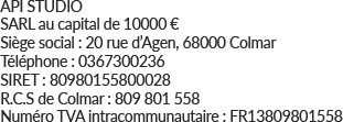 Informations sur la société API Studio, y compris le capital, l'adresse à Colmar, en France, le numéro de téléphone, les numéros SIRET, RCS et TVA, affichés en texte noir sur fond blanc.